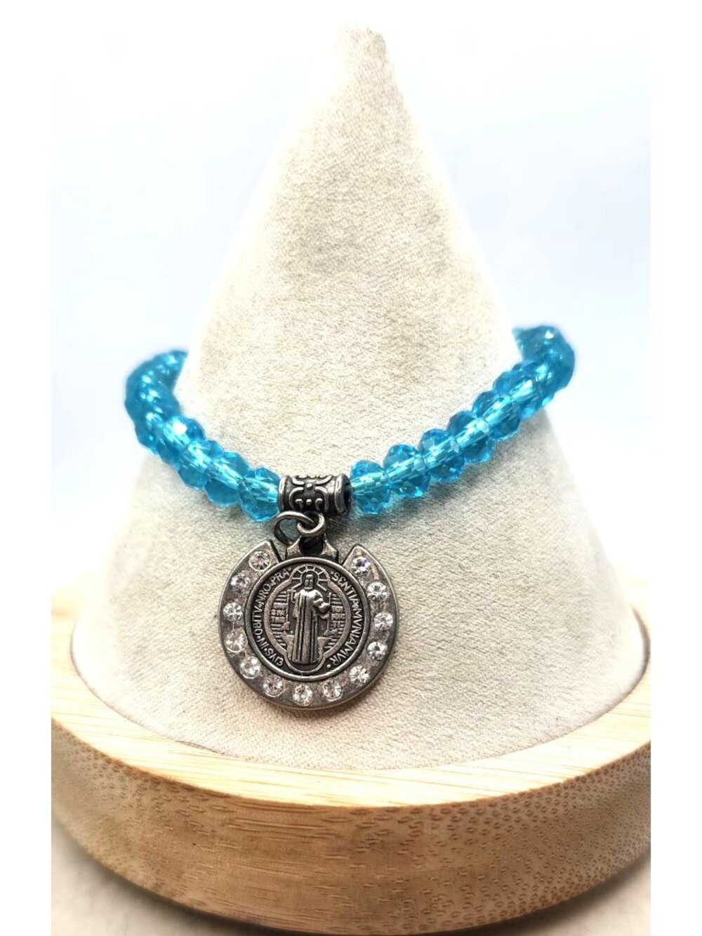 Silver Tone St. Benedict Medal On Blue Crystal Bracelet